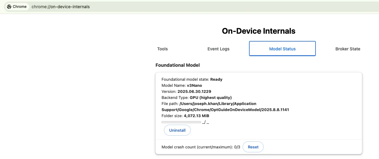 chrome://on-device-internals. Download complete for Chrome Browser AI model on client side. Here Gemini Nano model is now available. Model name and version shown
