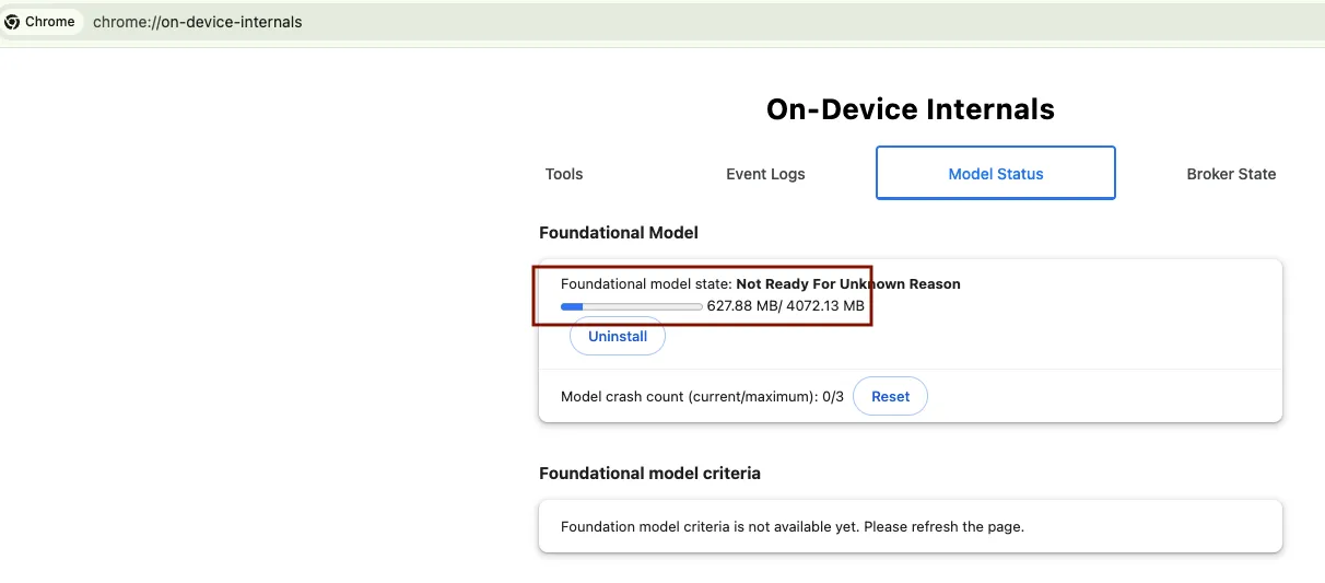 chrome://on-device-internals. Download progress for Chrome Browser AI model on client side. Here Gemini Nano model is being downloaded