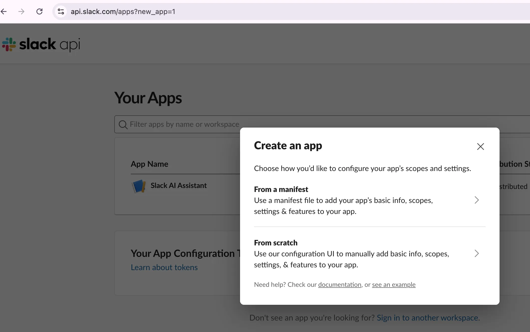 Create your Slack app from the manifest.json file.
