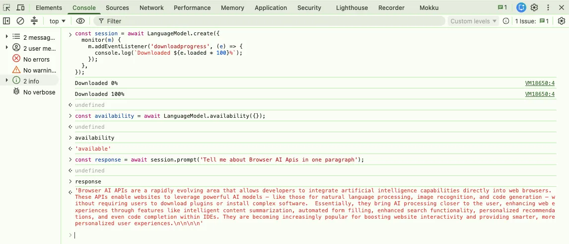 Trying out the Prompt API on Google Chrome. During testing, the Gemini Nano model was automatically downloaded after creating the first LanguageModel session. Once installed, subsequent Prompt API requests executed locally without requiring another model download.