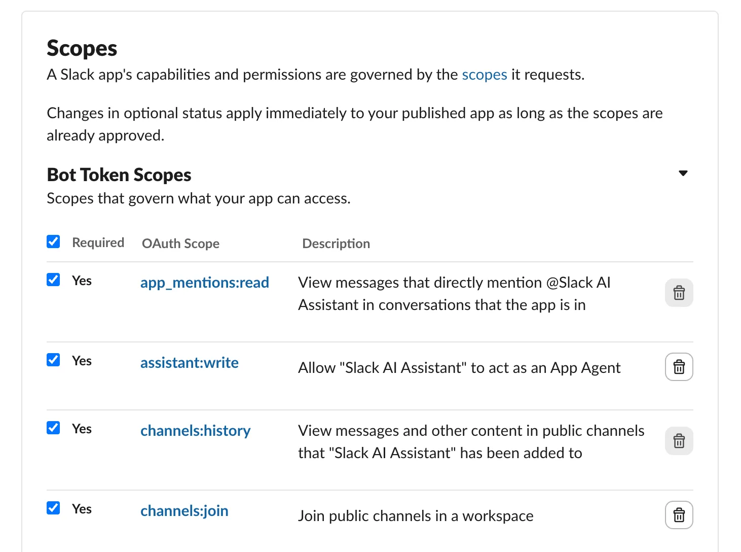 This is how the scoped would look like for our Slack app